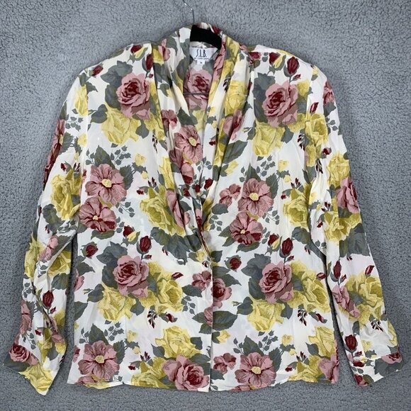 S. L. B. Womens M Colorful Floral Silk Button Long Sleeve Blouse Shoulder Pads - Picture 1 of 10